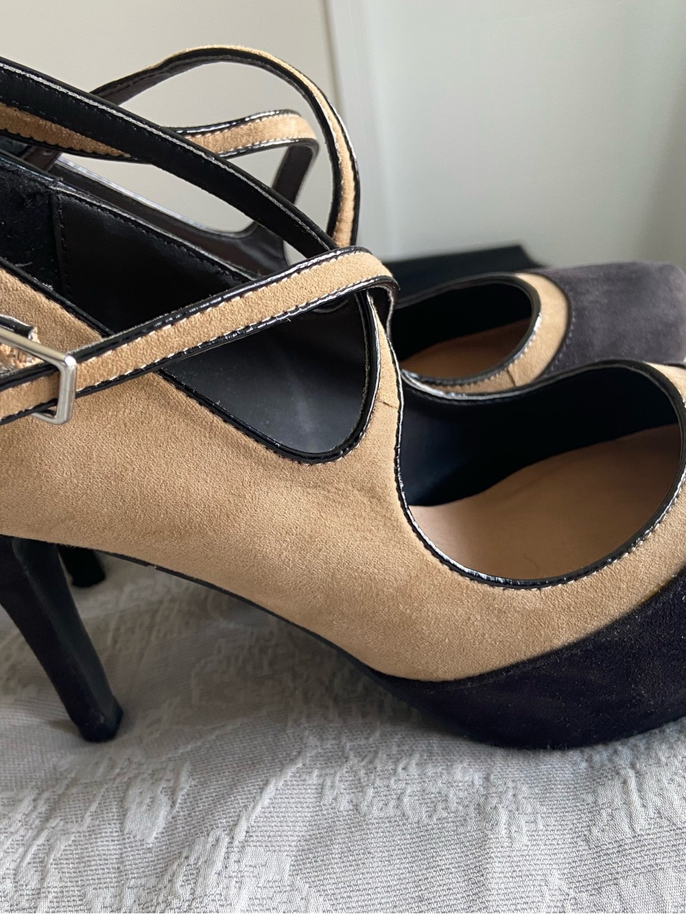 Mary Jane Two-Tone Black and Tan Suede High Heels - Picture 7 of 7